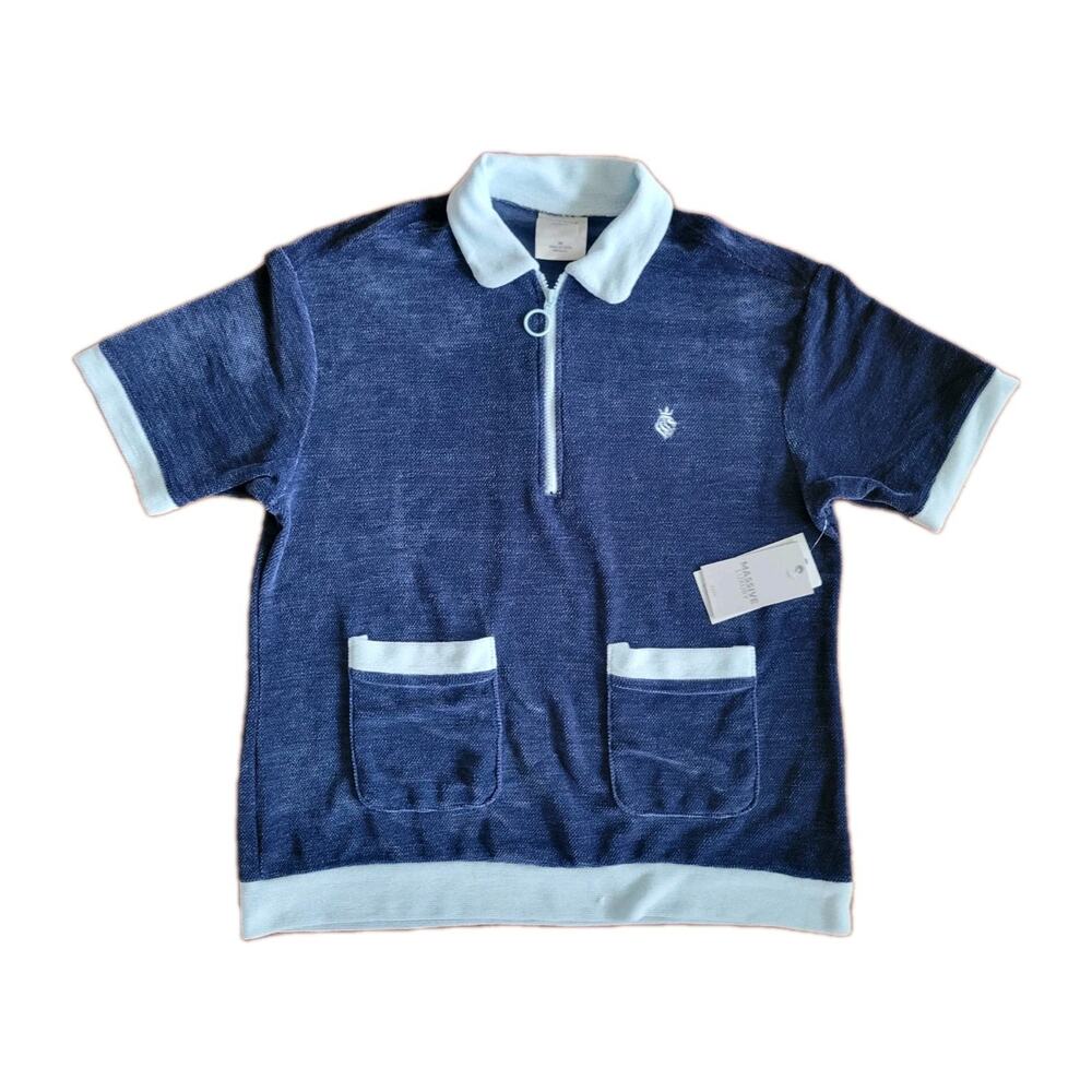 Massive Luxury 1/4 Zip Chenille Short Sleeve Dark/ Light Blue Shirt Retro